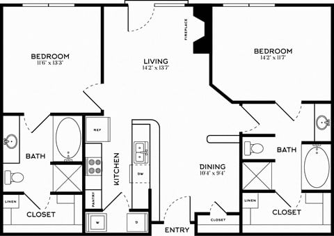 Floor plan for 2 beds, 2 baths, 1152 sqft